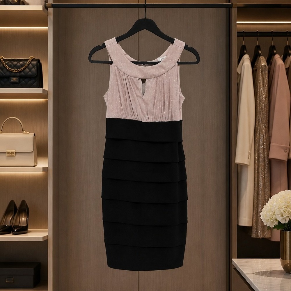 En Focus Studio Tiered Cocktail Dress with Shimmer Bodice